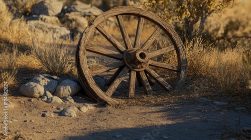 An old weathered wooden wagon wheel with broken spokes rests in a dry rural landscape