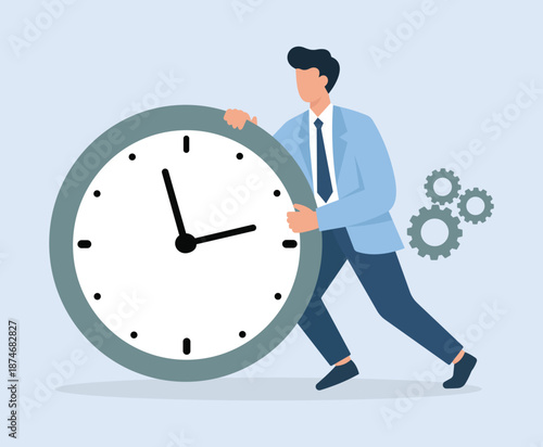 Businessman pushing a large clock wheel representing time management and productivity, Time management, productivity boost, deadline pressure, efficiency in business, schedule control
