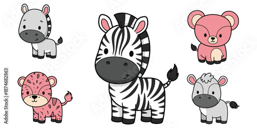 Cute cartoon baby animals including zebra, bear, and tiger kawaii