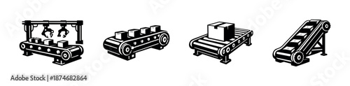 Industrial conveyor belt vector icons set: machinery, automation, factory symbols