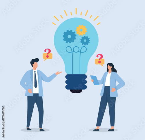 Business People Brainstorming Creative Solutions with Big Lightbulb Idea, Problem Solving, Innovation Strategy, Teamwork Collaboration, Corporate Thinking, Intellectual Process
