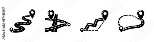Road navigation vector icons set. direction symbols, map pointers, location paths.