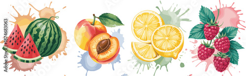 Fresh fruit illustration set with watermelon peach lemon and raspberry splashes, colorful juicy fruits, healthy summer food concept isolated on white background
