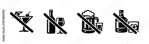 No alcohol vector icons set: beverage, drink prohibition symbols collection