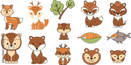 Cute cartoon forest animals and nature elements set deer bear