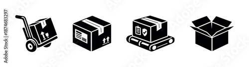 Delivery and packaging vector icons set: boxes, open box, conveyor, hand truck