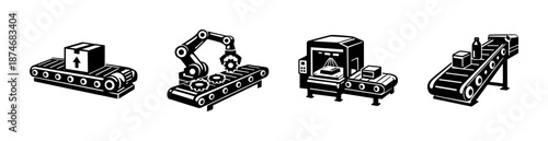 Factory conveyor vector icons set: assembly lines, production, robotic arms