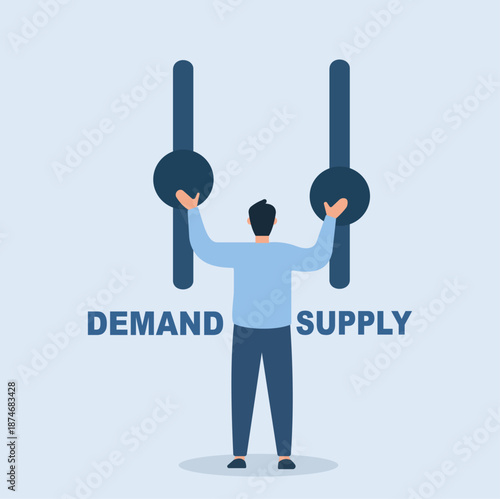 Businessman Balancing Economic Supply and Demand Levers Illustration, Market Equilibrium Management, Adjusting Business Strategy, Pricing Control Mechanism, Economic Stability Factors