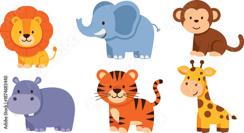 Cute cartoon jungle animals including lion elephant monkey hippo tiger and giraffe Keywords: cute, cartoon, animals, jungle