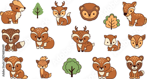 Cute Cartoon Forest Animals and Trees on White Background Keywords: deer, fox, bear, cub, fawn, kit, baby animal, forest