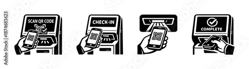 Qr code vector icons set for check-in process. mobile, scanning, validation symbols