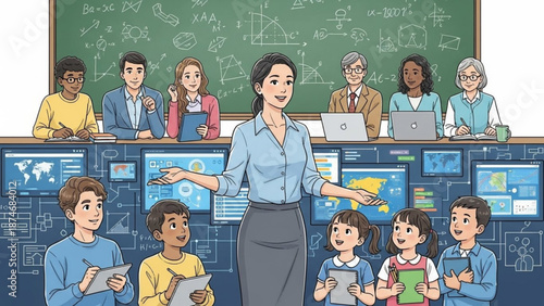 Diverse classroom scene with teacher and students engaged in modern learning
