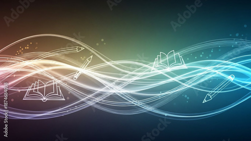 Vibrant glowing lines and education icons in dynamic motion