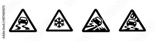 Road warning signs vector icons set for safety, accident prevention, caution symbols