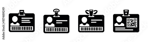 Office supplies vector icons set: badge holders, clips, flat black design