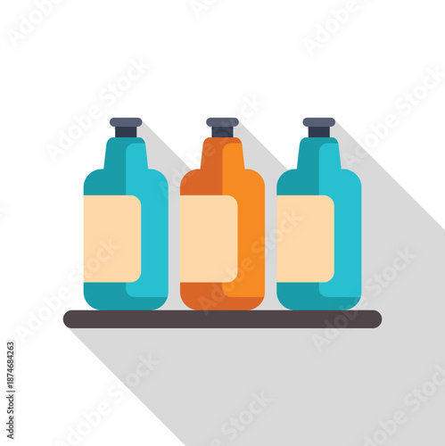 Three colorful bottles with blank labels standing on a dark shelf, casting long shadows