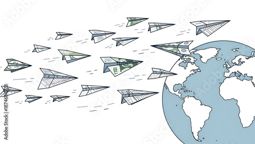 Paperplanes circulate globally representing financial geopolitics on white