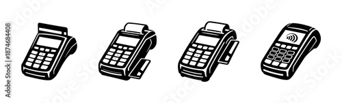 Point of sale devices vector icons set: payment tools, transaction symbols