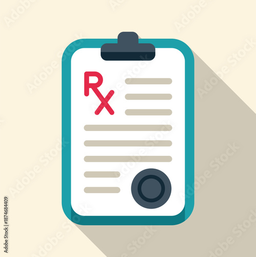 Clipboard with rx symbol, lines, and seal representing a medical prescription