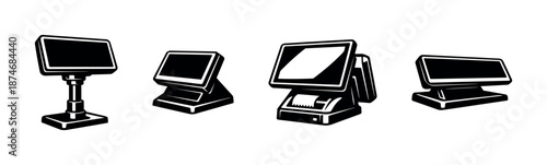 Pos systems vector icons set: cash register, point of sale, touch screen devices