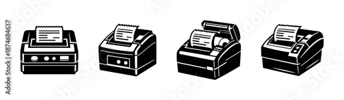 Receipt printers vector icons set: pos cash register, thermal printer silhouette