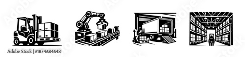 Warehouse logistics vector icons set: forklift, robotics, storage solutions