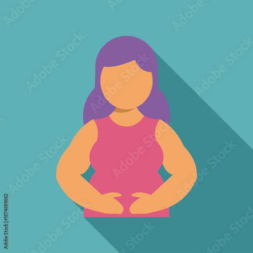 Woman holding hands over her stomach, depicting discomfort or indigestion in flat design