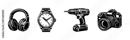 Electronic and tool vector icons set: headphones, watch, drill, camera design