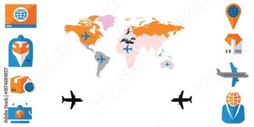 Global logistics and shipping network with world map and airplanes delivery transport