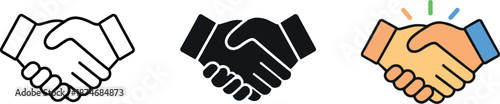 Handshake Symbol Trio. Three matching handshake symbols convey partnership expansion and mutual advancement through cooperative