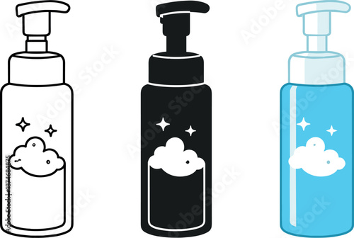 Image Generation. Three matching cleansing foam pumps placed next to each other convey skincare routines focused on refreshing
