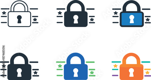 Digital Security Icons. Access defense icon portraying a locking mechanism paired with obscured characters, symbolizing user