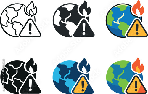 Environmental Warning Icons. Planetary change indicator illustrating altered environmental conditions and long term consequences,