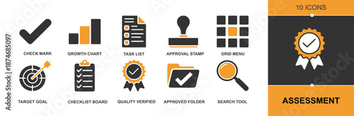 Assessment icon set. Containing check mark, growth chart, task list, approval stamp, grid menus, target goal, checklist board, quality badges, approved folder, search tool and more. Solid vector icons