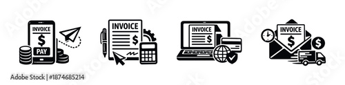 Invoice management vector icons set: digital, business finance, payment technology