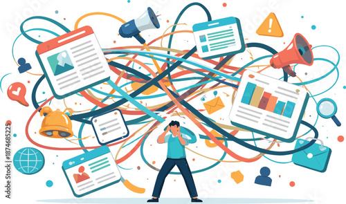 Surreal News Chaos. News-filled environment bursting into confusion where abstract headline blocks and generic icons tangle