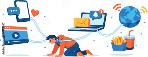 Image Generation. Digital everyday scene unfolding in open space where a person is gently tethered by a glowing digital leash