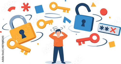 Image Generation. Digital security scene unfolding in open space where oversized locked and unlocked symbols spin chaotically