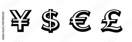 Currency symbols vector icons set: yen, dollar, euro, pound