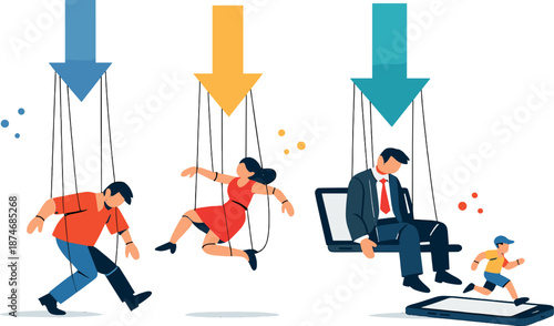 Image Generation. Digital control scene unfolding in open space where abstract arrows descend from above, guiding human-like