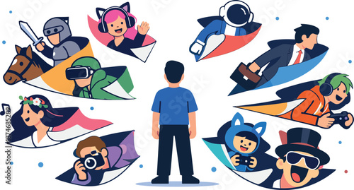 Digital Identity Unfolding. Digital self landscape unfolding in open space where one person stands centered while multiple avatars