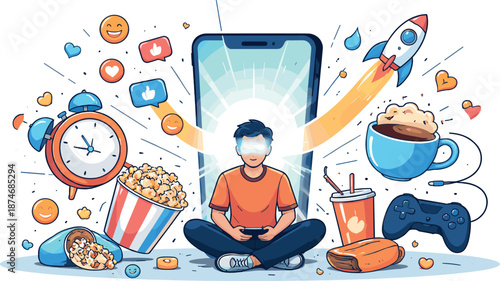 Image Generation. Modern digital scene unfolding in open space where a person stares at a screen with eyes glowing unnaturally