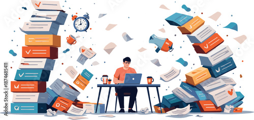 Surreal Productivity Chaos. Productivity workspace unfolding in open space where towering abstract task stacks buckle and collapse