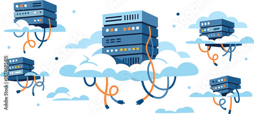 Cloud Chaos Artwork. Cloud technology scene unfolding in open space where bulky server blocks float at different heights, cables