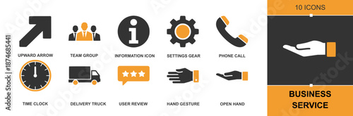Business Service icon set. Containing customer support responses, phone call, help-desk, review, delivery, time tracking, settings gear, information sign, hand assistance and more. Solid vector icons