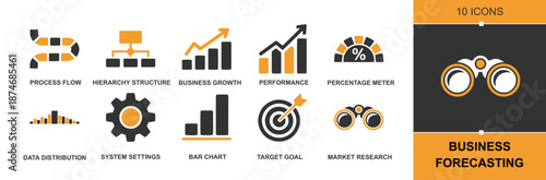 Business Forecasting icon set. Containing trend analysis, demand planning, KPI tracking, sales projection, market research, metrics, data chart, target goal, process flow and more. Solid vector icons