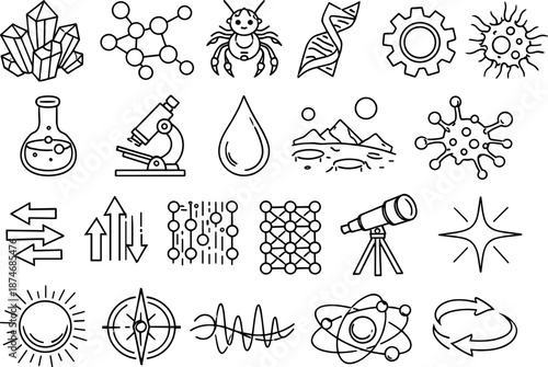 Image Generation. Line style icons of organo-silicon life speculation: silicon crystal, molecular structure, alien microbe, DNA