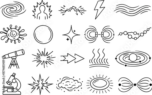 Image Generation. Line style icons of hypothetical life in plasma state: plasma swirl, glowing aura, electric arc, lightning bolt,