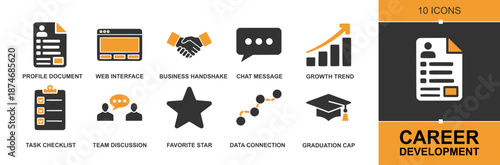 Career Development icon set. Containing profile document, resume web interface, team discussion, chat message, growth trend, graduation cap, star favorite, task checklist and more. Solid vector icons