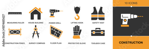 Construction icon set. Containing house building, power drill, measuring ruler, floor plan, survey compass, lifting hook, protective gloves, toolbox, safety vest, helmet, and more. Solid vector icons